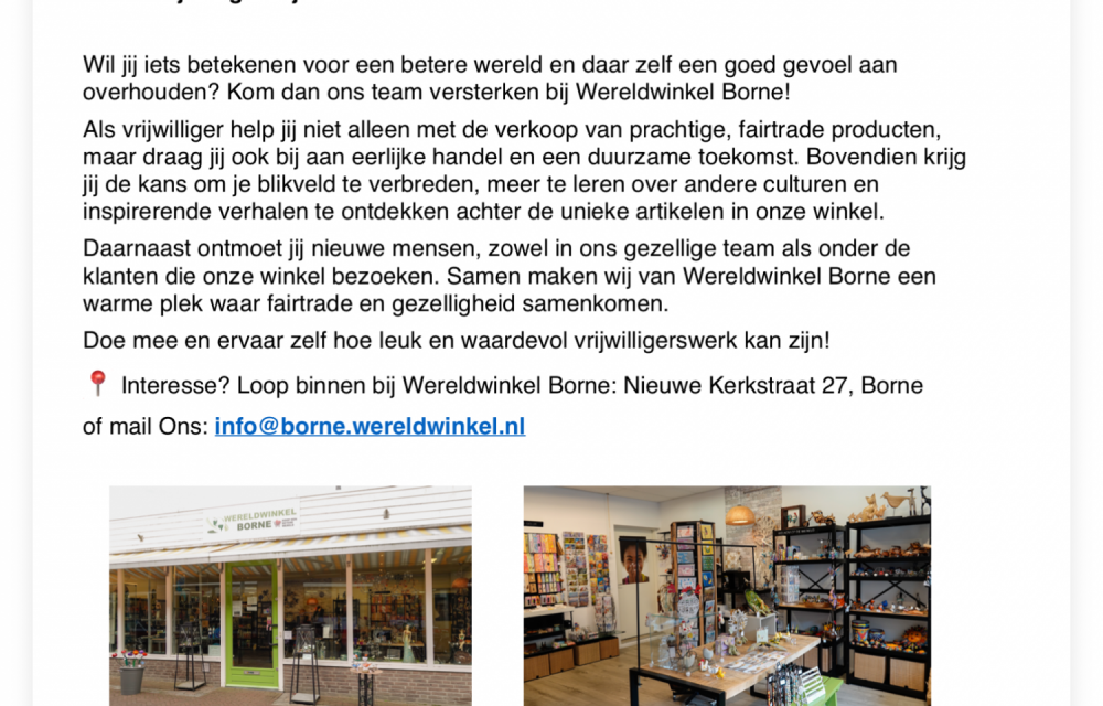 Vrijwilliger wereld winkel Borne